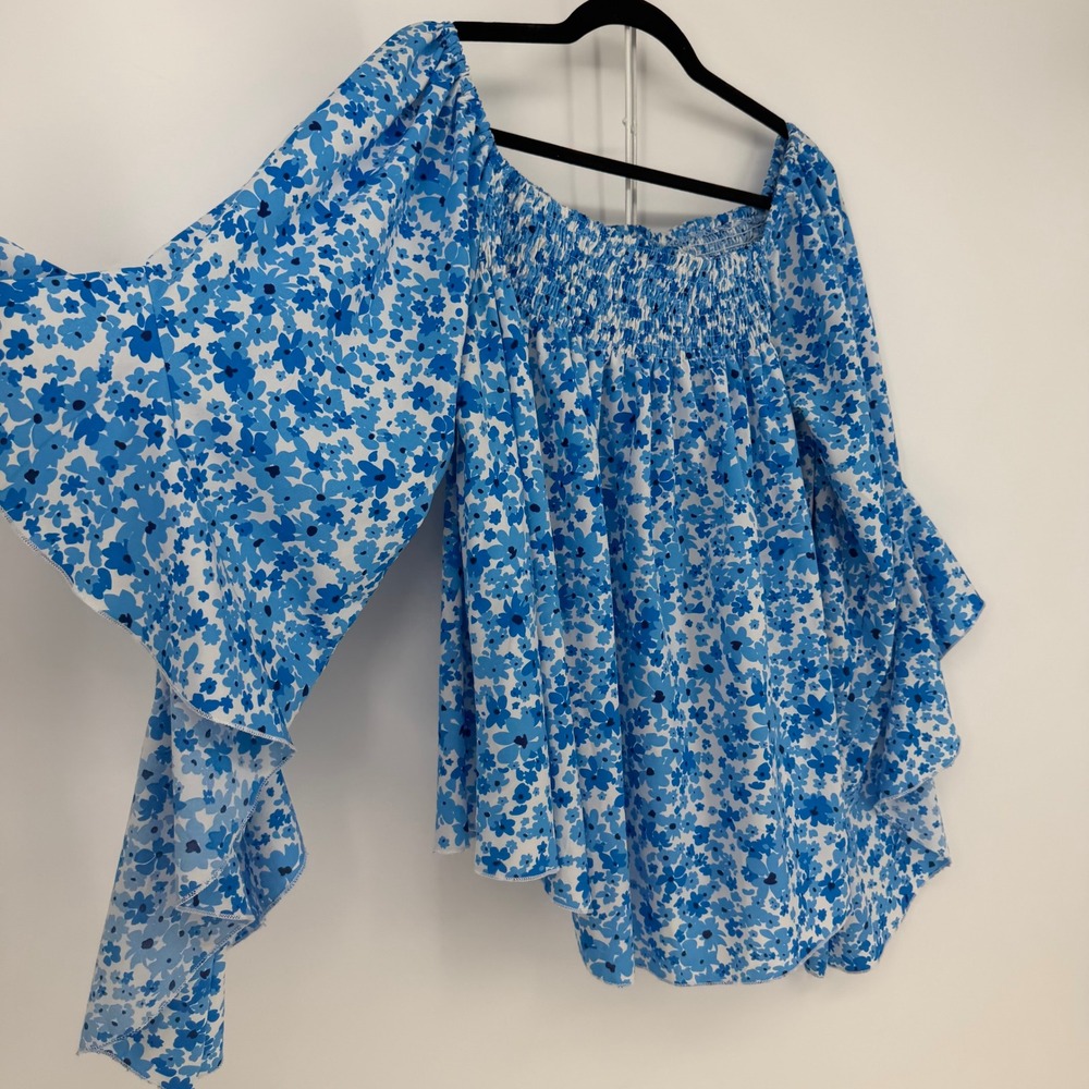 SHEIN Curve Blouse 2XL Blue Floral Off Shoulder Ruffle Boho Peasant Cottagecore